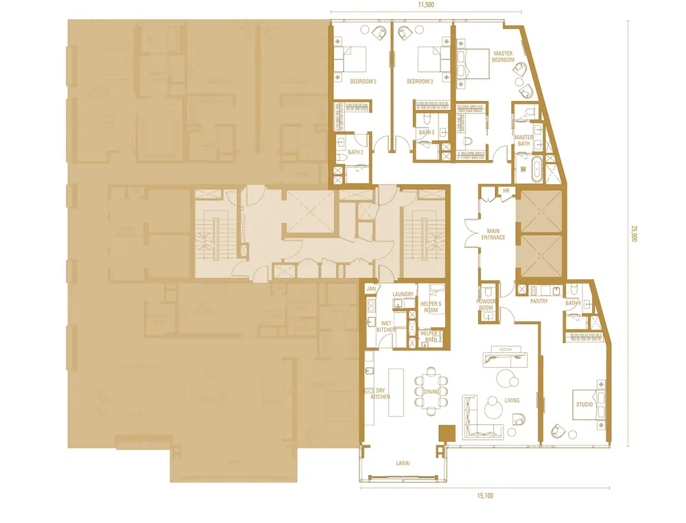 H1A 3 Bedrooms + Studio (Dual Key) floor plan